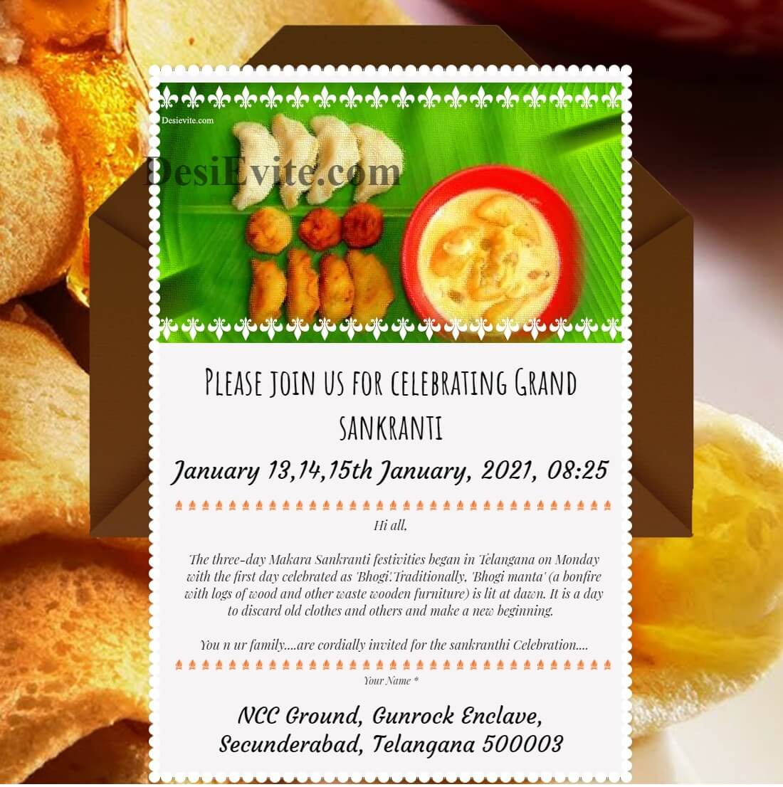 three day Makara  Sankranti festivities invitation ecard 109 